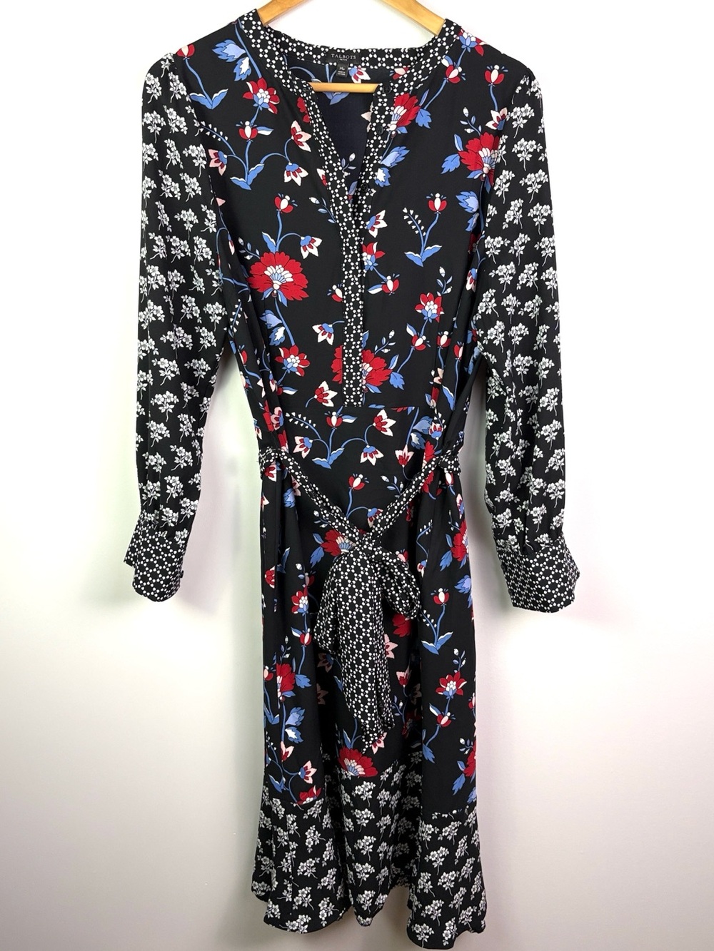 Talbots Floral Tie-Waist Long Sleeve Black Dress size 14p - Picture 3 of 8